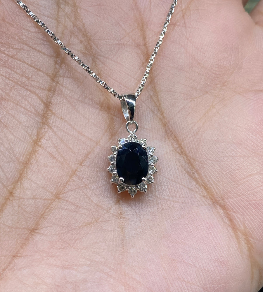 18K White Gold 1.5ct Sapphire & Diamond Pendant Necklace – Pre-Loved