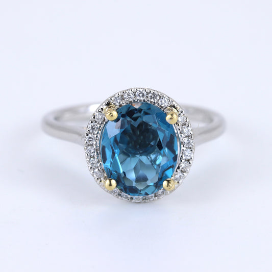 18K White & Yellow Gold 2.15ct Blue Topaz & Diamond Ring